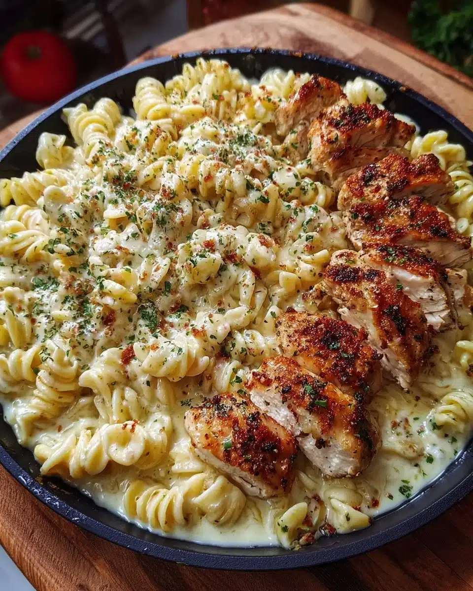 Garlic Parmesan Chicken twisted pasta dish in creamy Alfredo sauce
