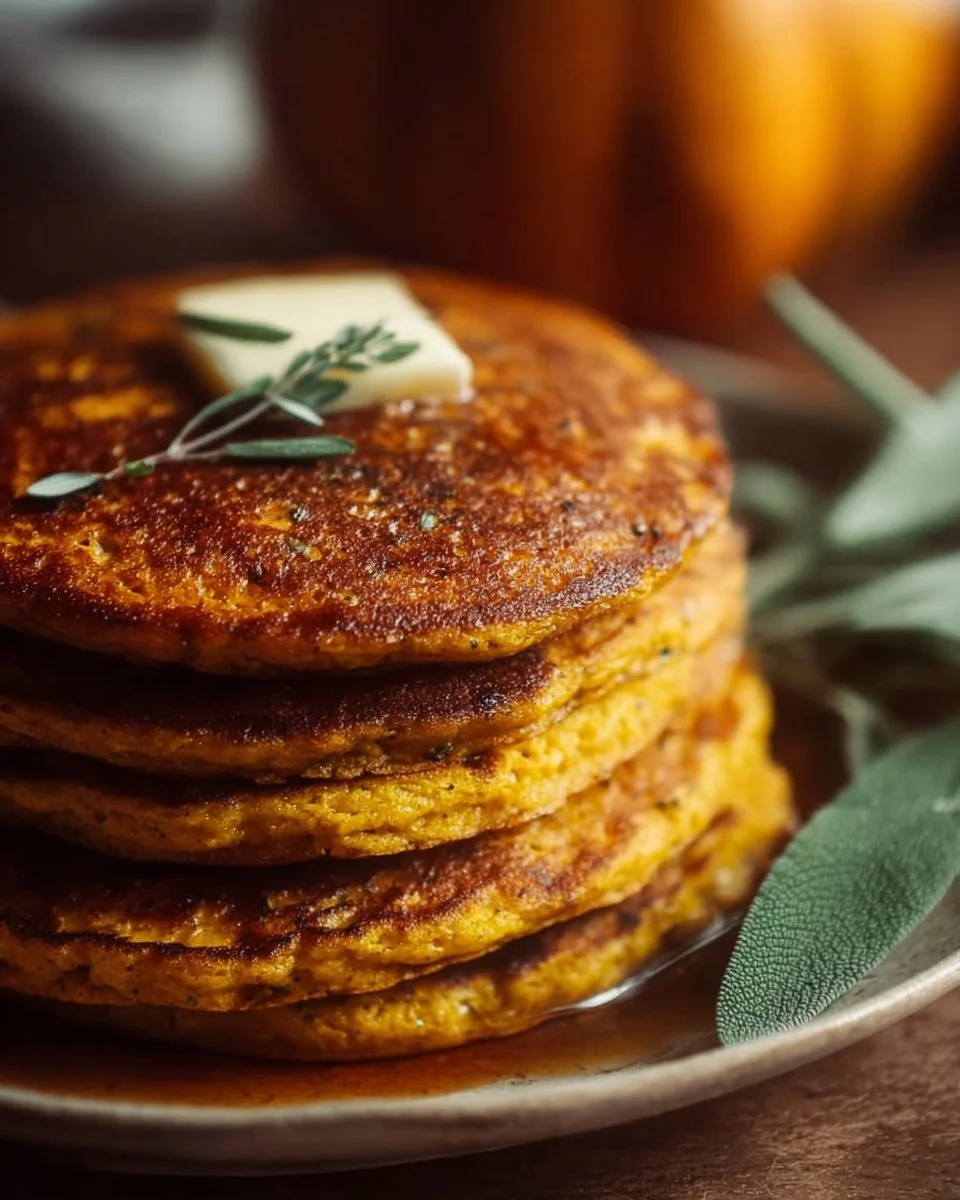 Delicious gluten-free pumpkin pancakes stacked on a plate with maple syrup