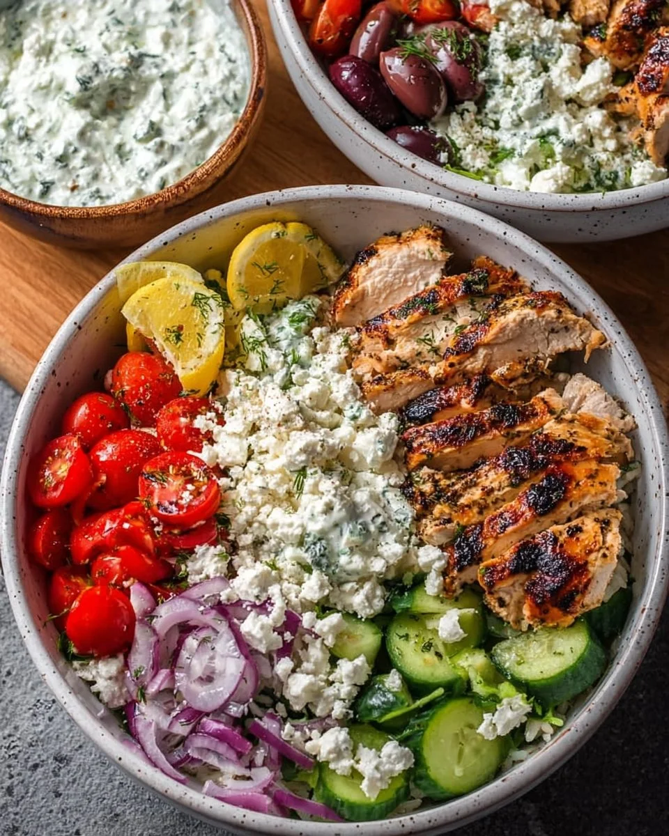Healthy Greek Chicken Bowl with fresh vegetables and olives