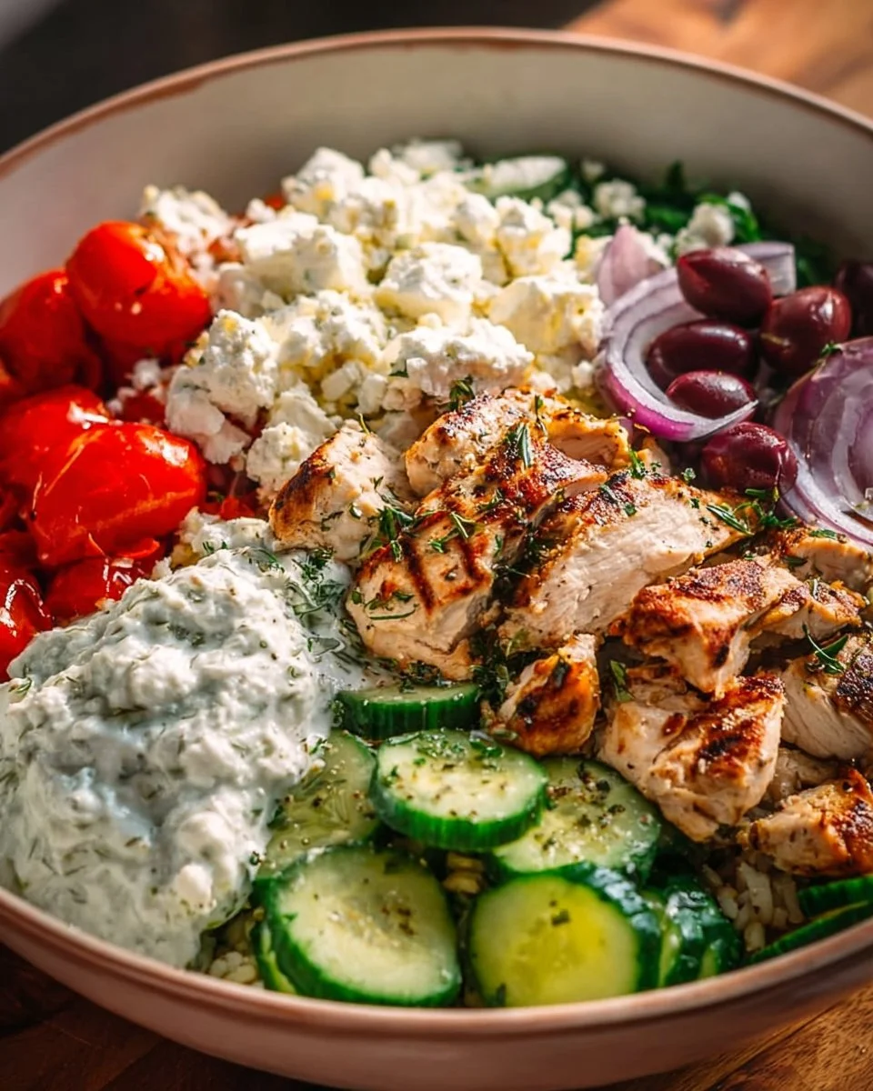 Healthy and delicious Greek Chicken Bowls with fresh vegetables and grains