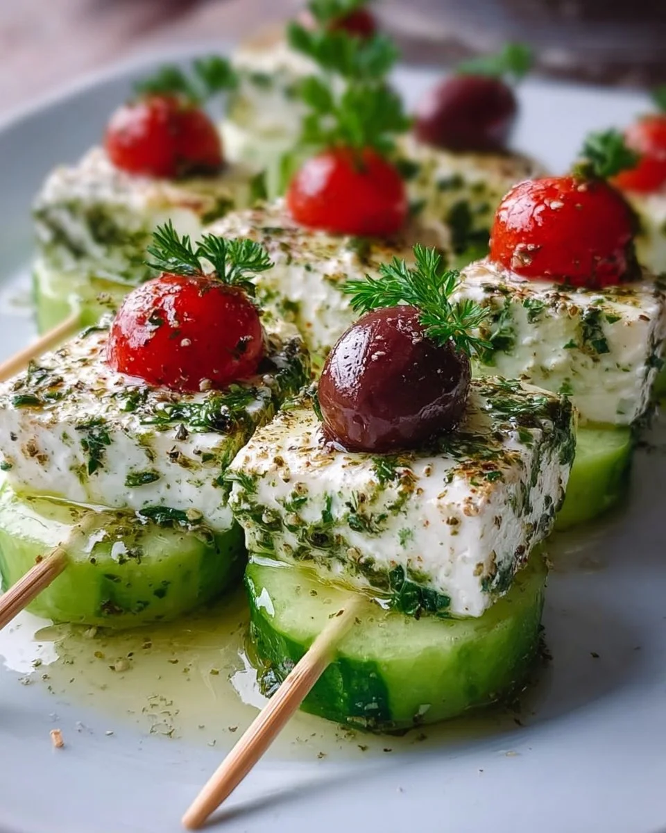 Greek feta and cucumber bite skewers served on a platter