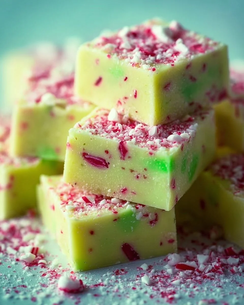 Festive Grinch Peppermint Fudge dessert topped with crushed candy canes.