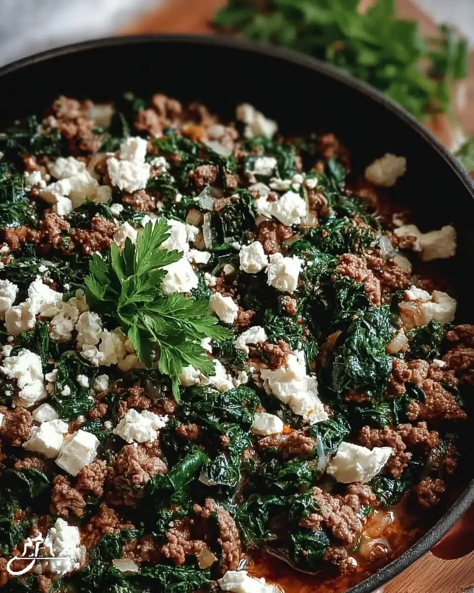 Ground beef and spinach skillet topped with feta cheese