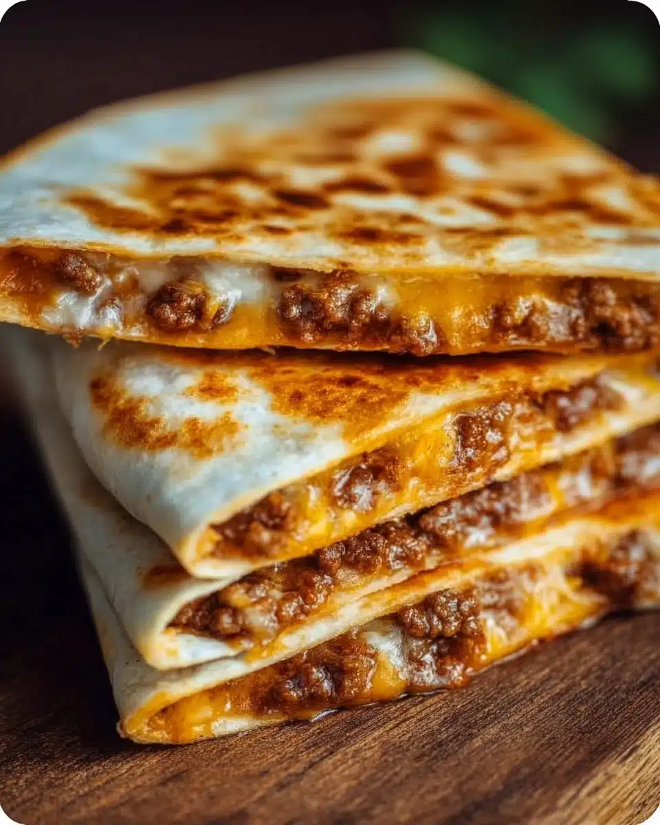 Ground Beef Cheesy Quesadillas with melted cheese and toppings