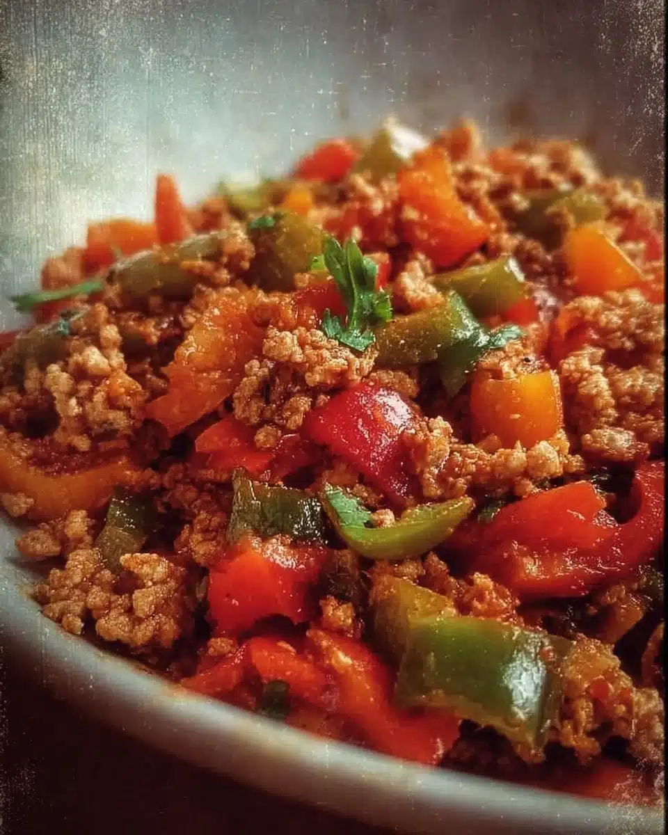 Ground turkey and peppers dish cooked together in a skillet