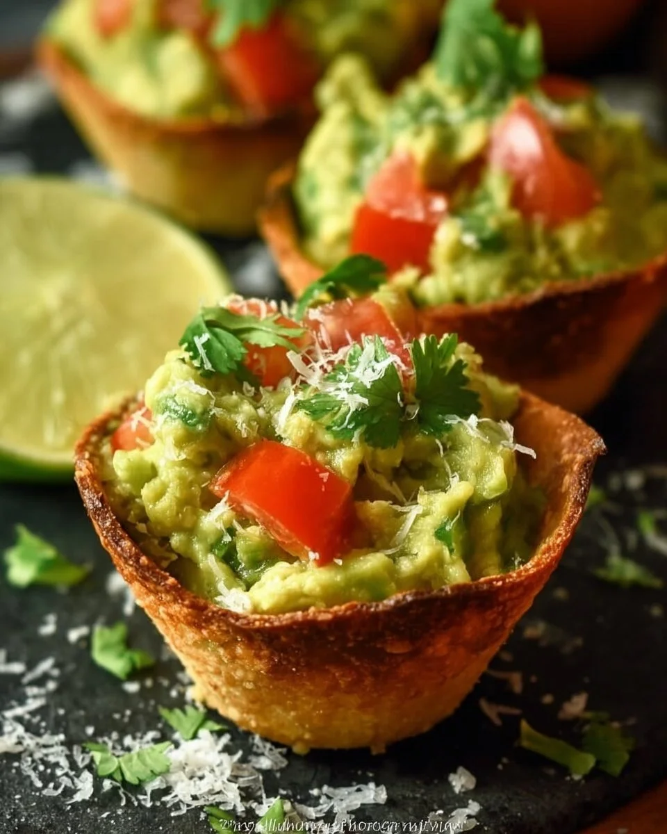 Delicious guacamole cups served with tortilla chips