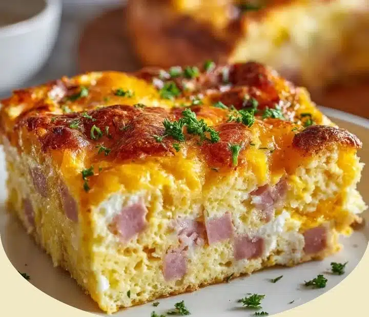 Ham & Cheese Egg Bake served in a baking dish, perfect for breakfast or brunch.