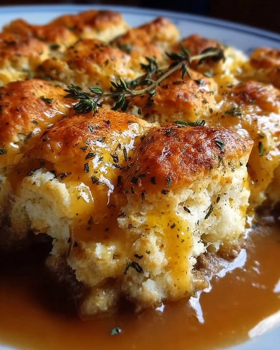 Delicious Hashbrown Gravy Biscuit Bake topped with rich gravy