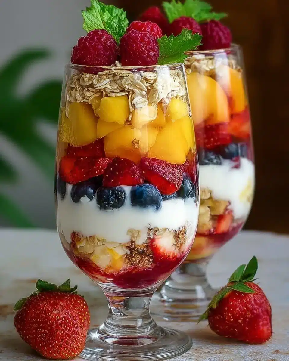 Healthy layered fruit parfait with yogurt and fresh fruit in a glass