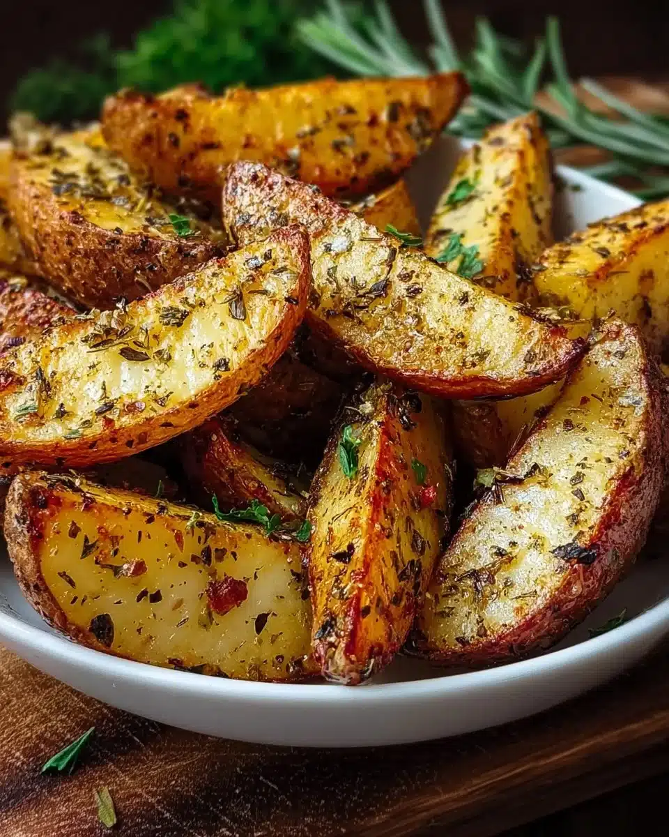 Bowl of crispy Herb Roasted Potato Wedges garnished with fresh herbs