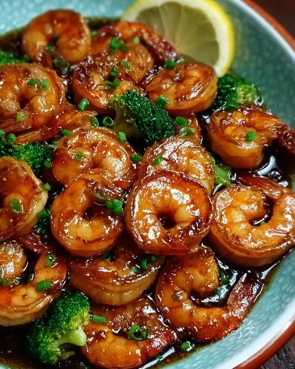 Plate of high-protein honey garlic shrimp garnished with green onions