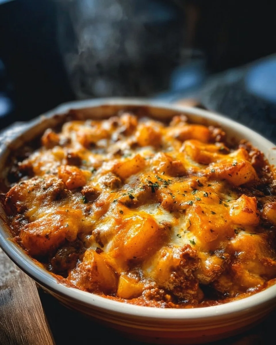 Bowl of flavorful Hobo Casserole with vegetables and meat