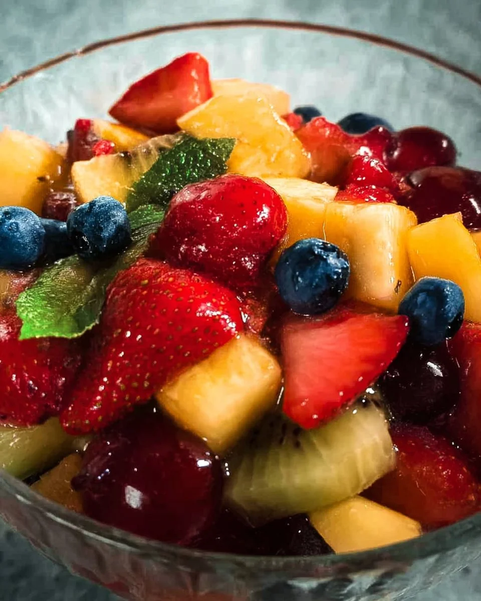 Bowl of homemade fruit salad with a variety of fresh fruits