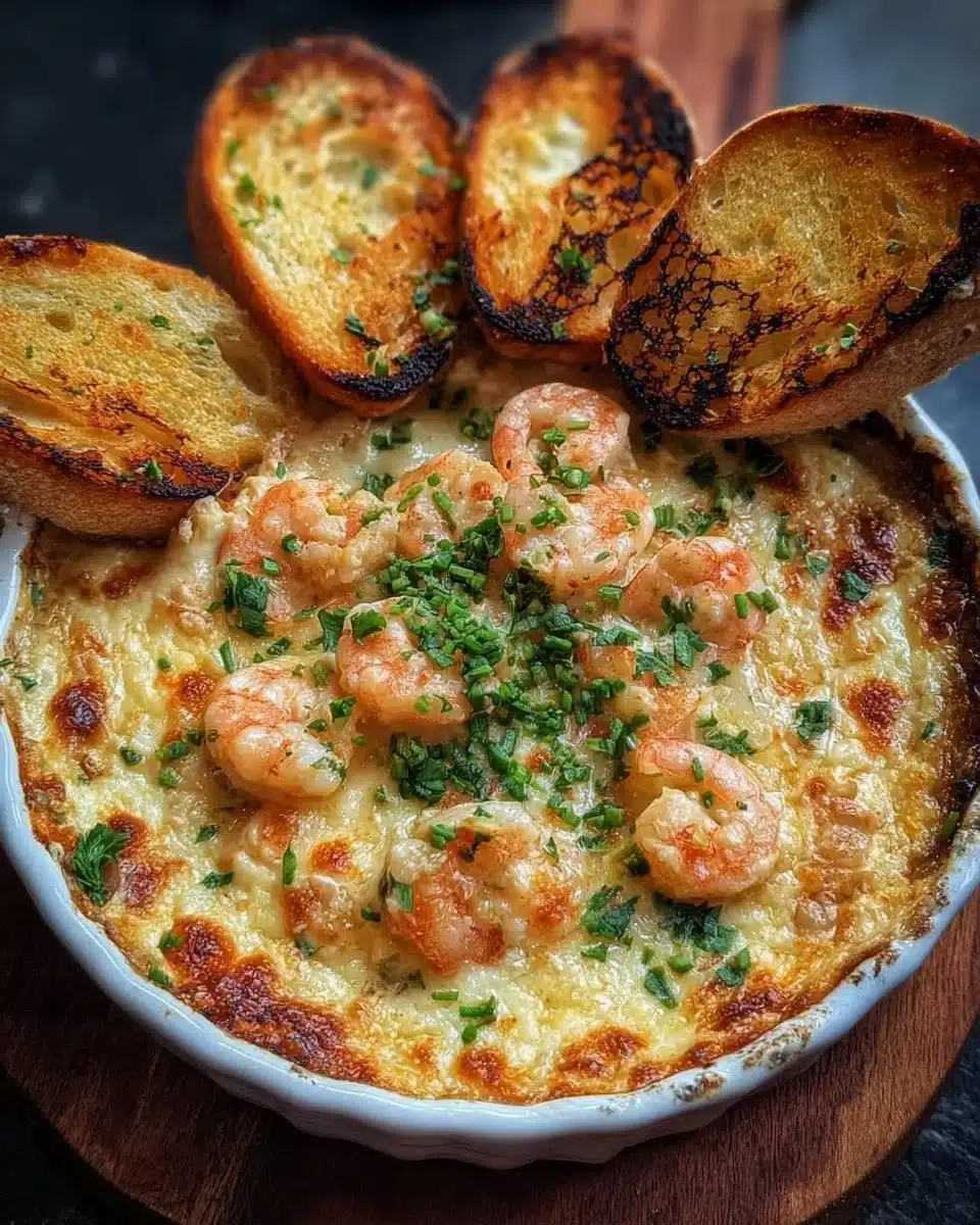 Delicious hot cheesy shrimp dip served with garlic toast for dipping.