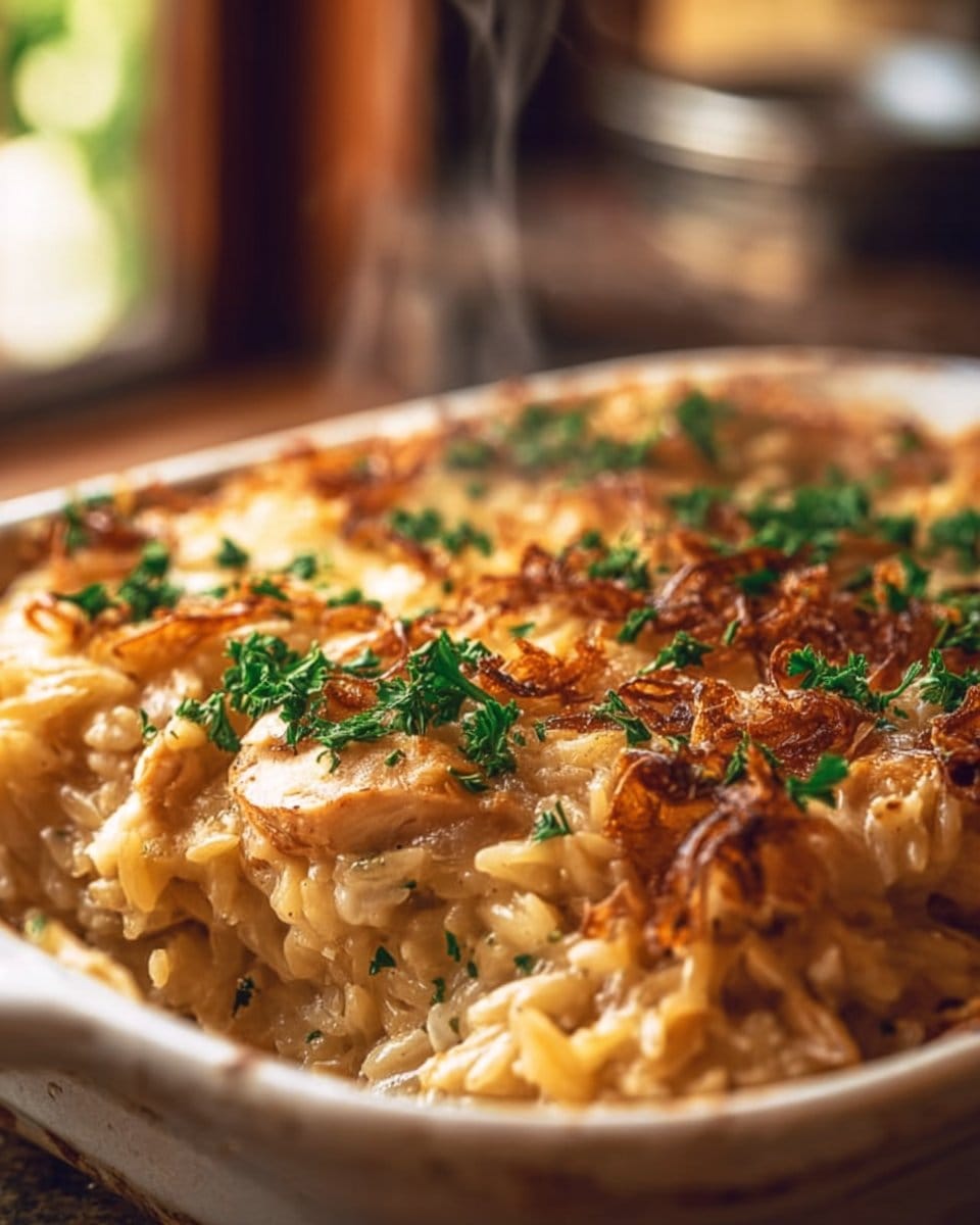 French Onion Chicken Orzo Casserole