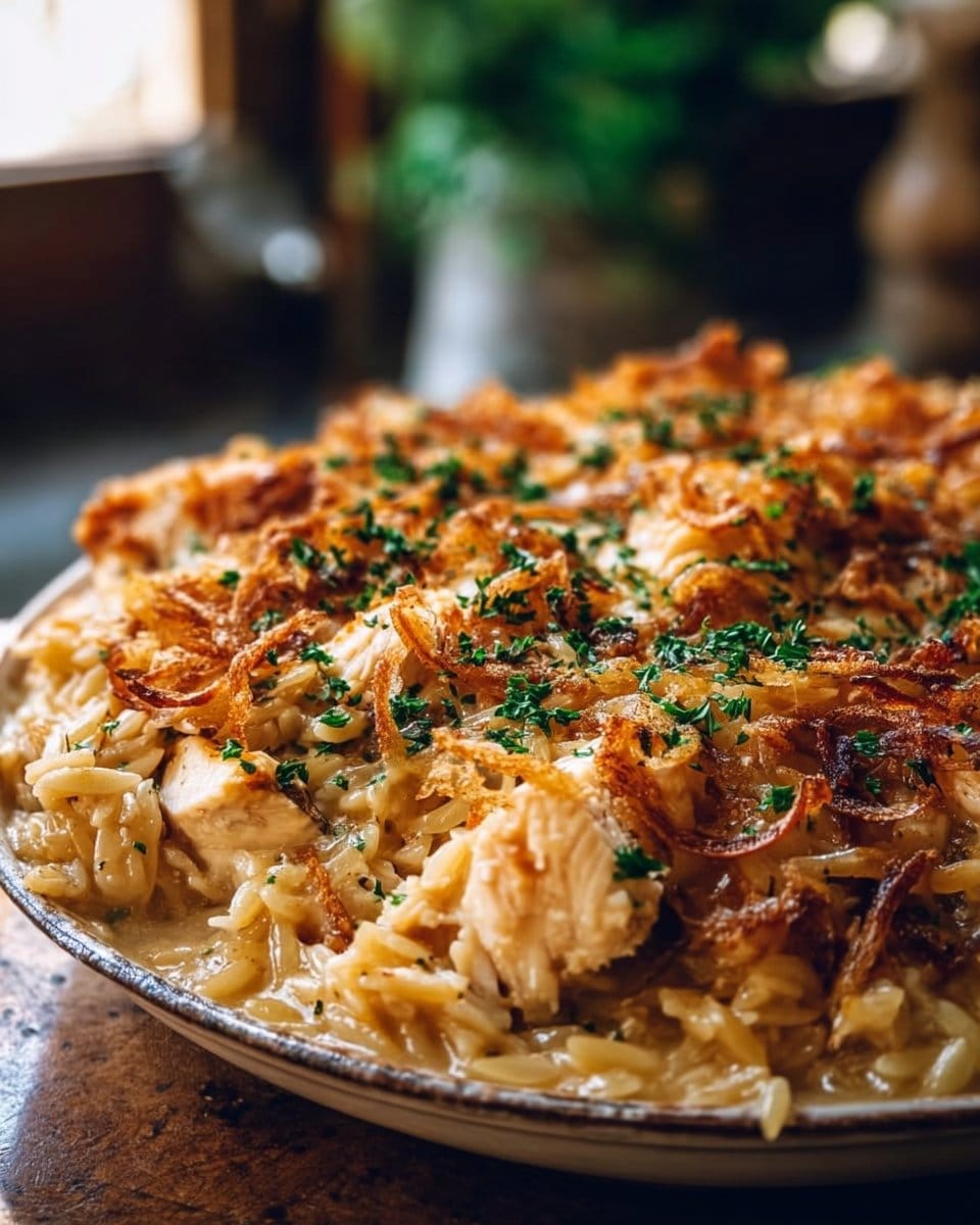French Onion Chicken Orzo Casserole