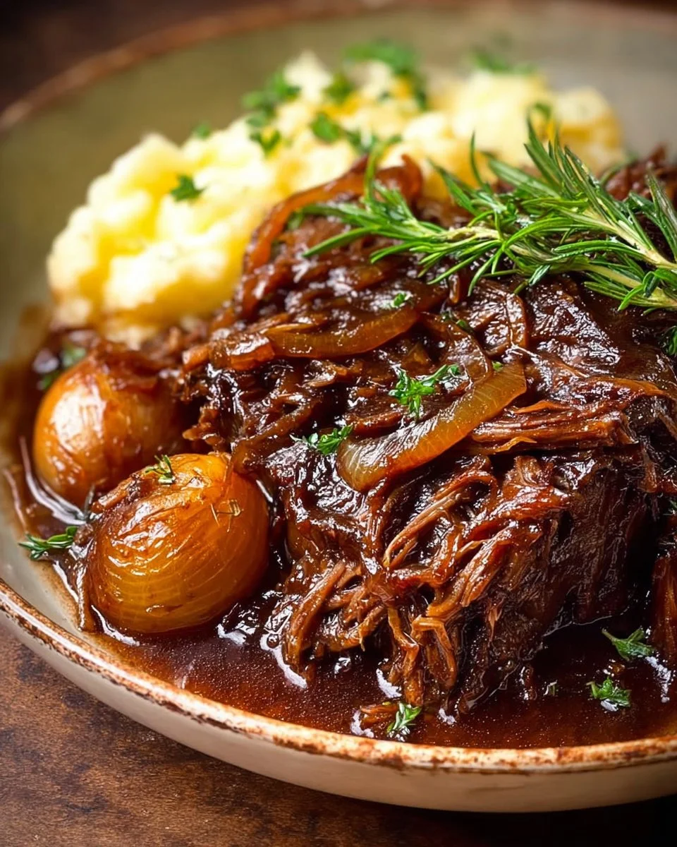 Juicy French Onion Pot Roast served with caramelized onions and herbs