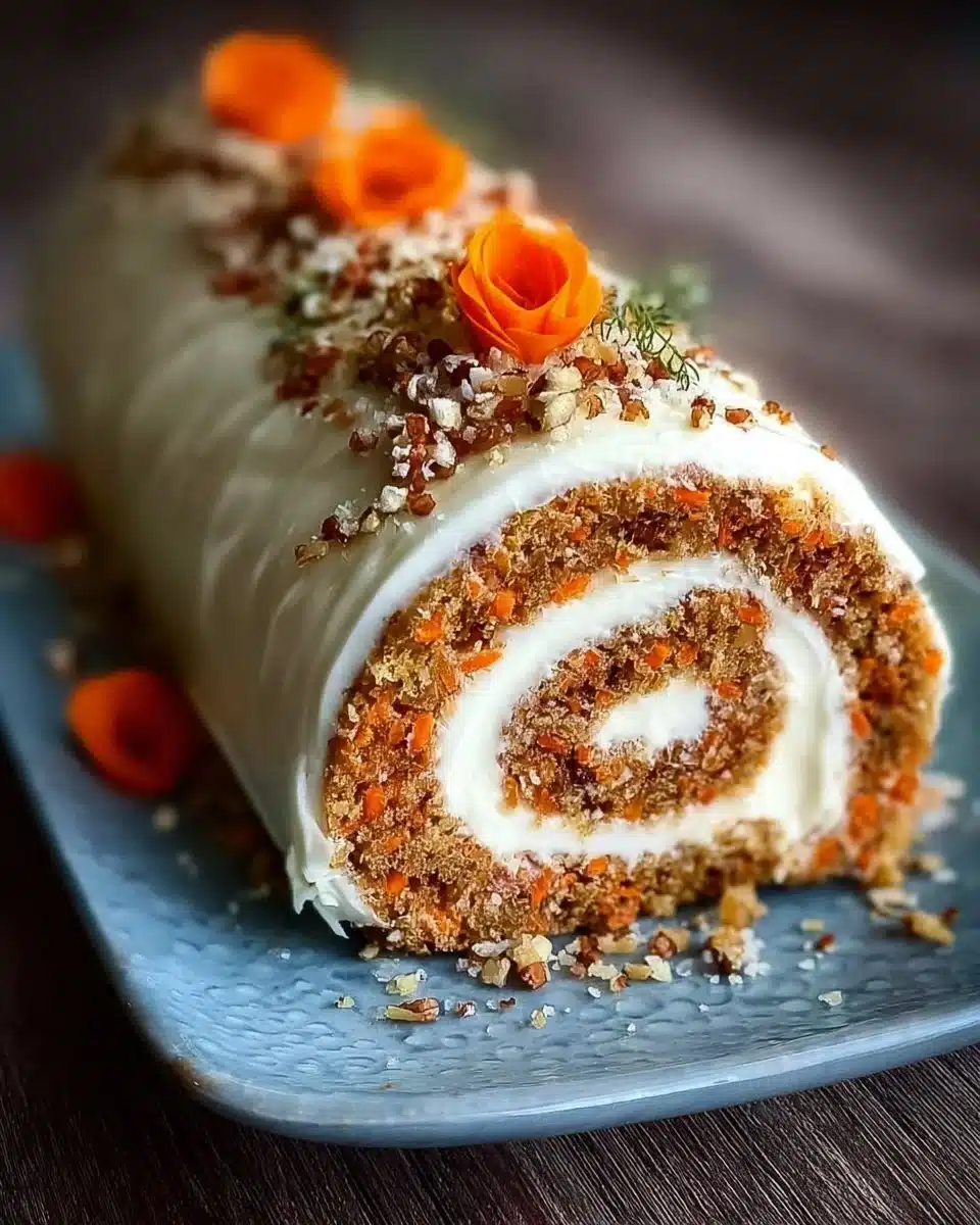 Delicious keto carrot cake roll topped with cream cheese frosting