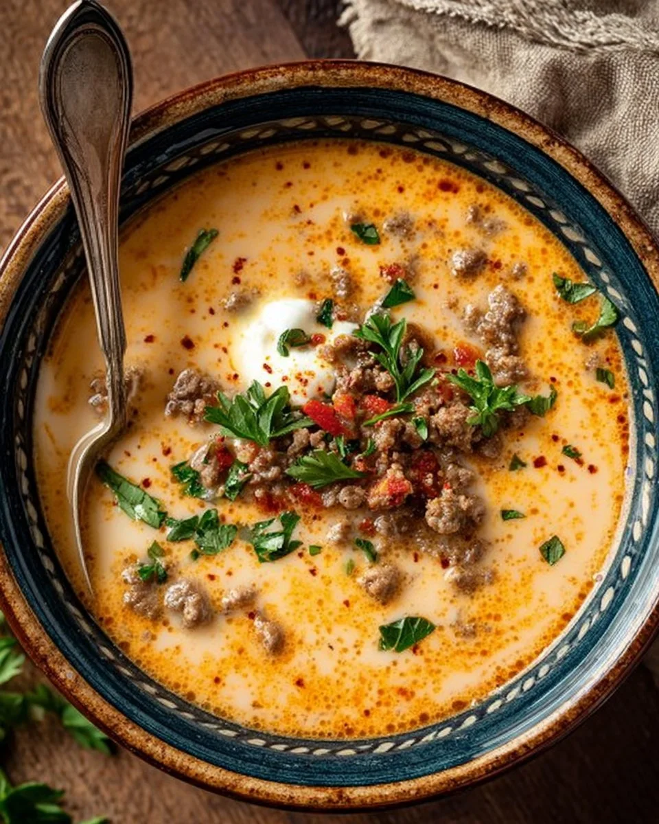 Delicious Keto Cauliflower and Hamburger Soup served in a bowl