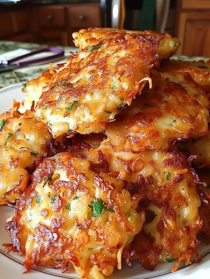 Plate of crispy keto cheesy chicken fritters garnished with herbs