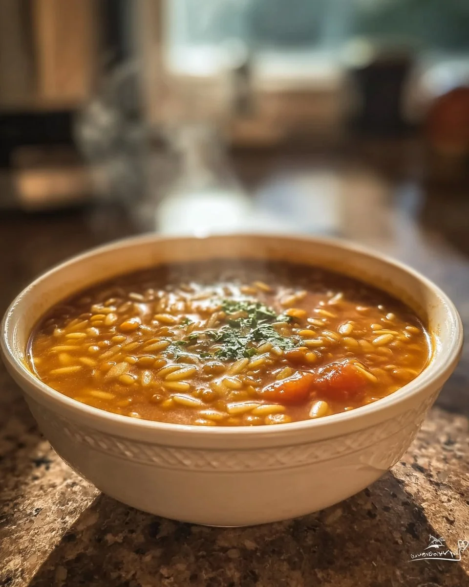 Bowl of homemade Lentil Orzo Soup with fresh herbs and vegetables
