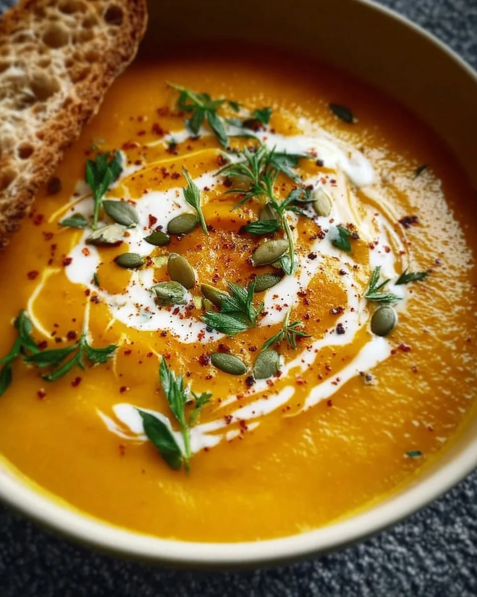 Bowl of light roasted pumpkin soup garnished with herbs