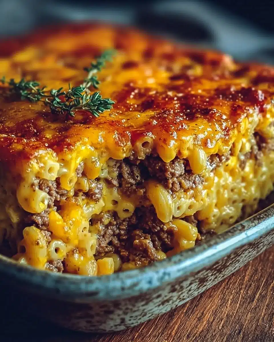 Delicious Mac and Cheese Meatloaf Casserole topped with crispy cheese.