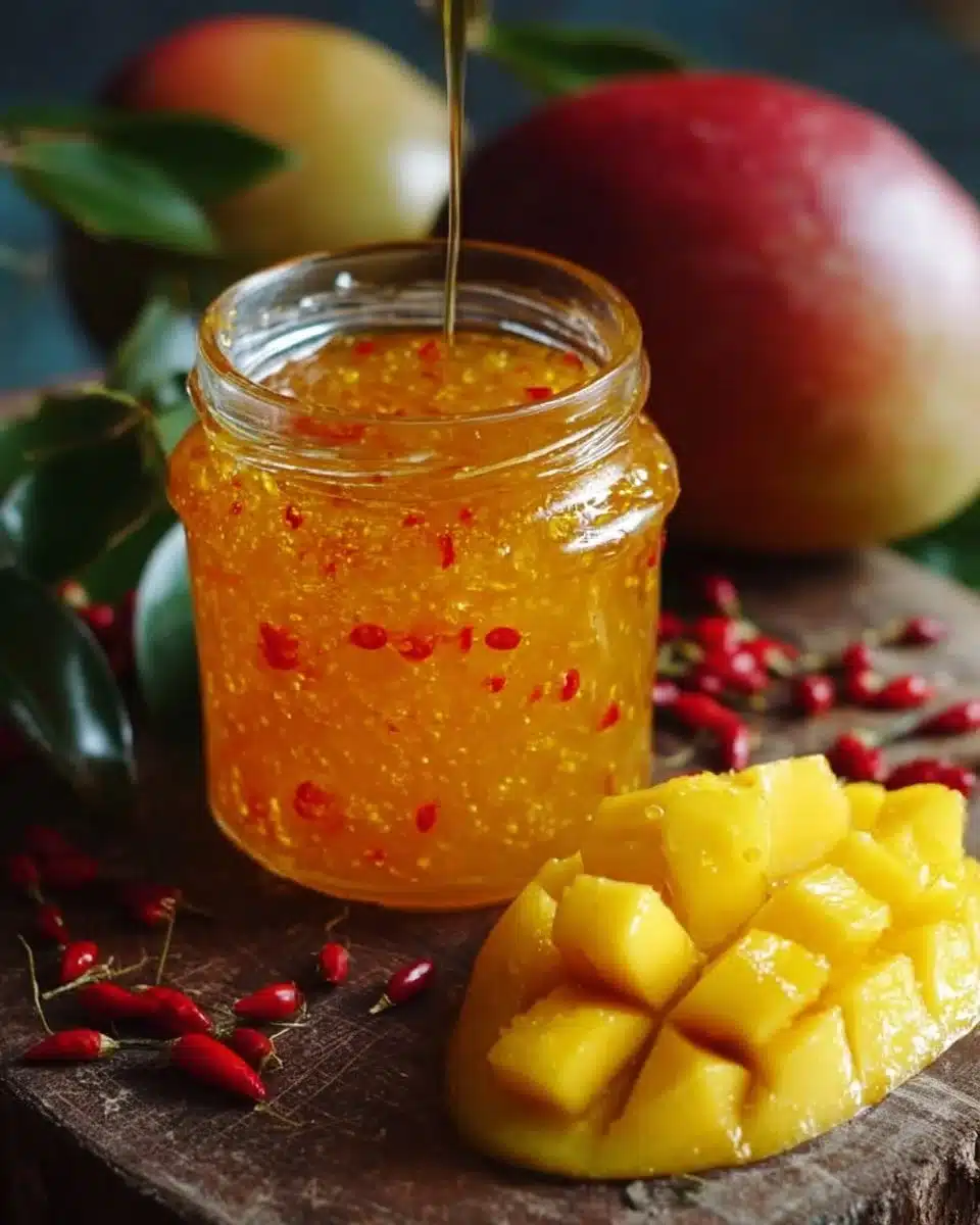 Jar of Mango-Chili Pepper Tropical Jam with fresh mango and chili peppers