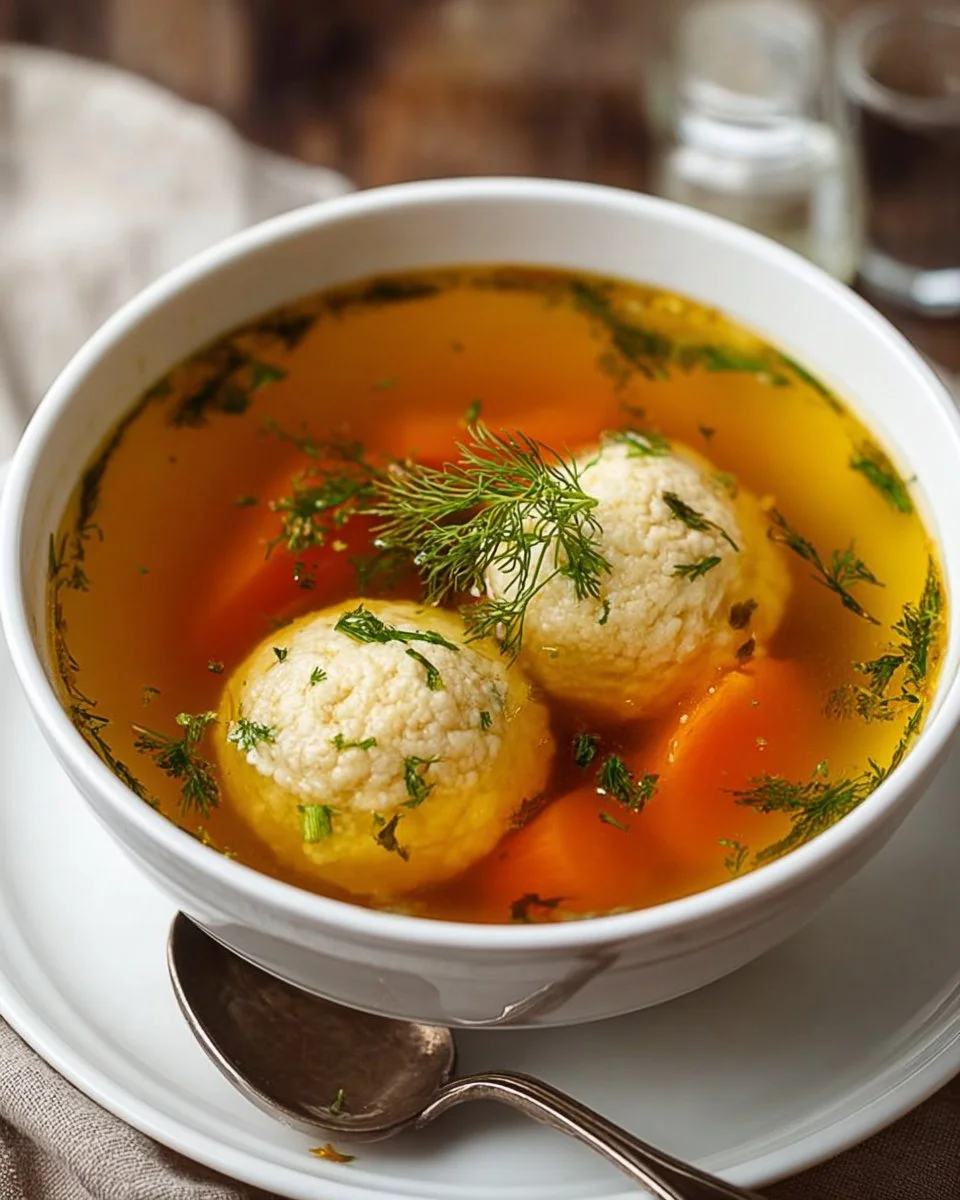 Bowl of homemade Matzo Ball Soup with fresh herbs and matzo balls