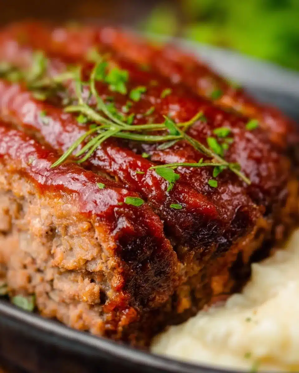 Delicious homemade meatloaf served with mashed potatoes and green beans