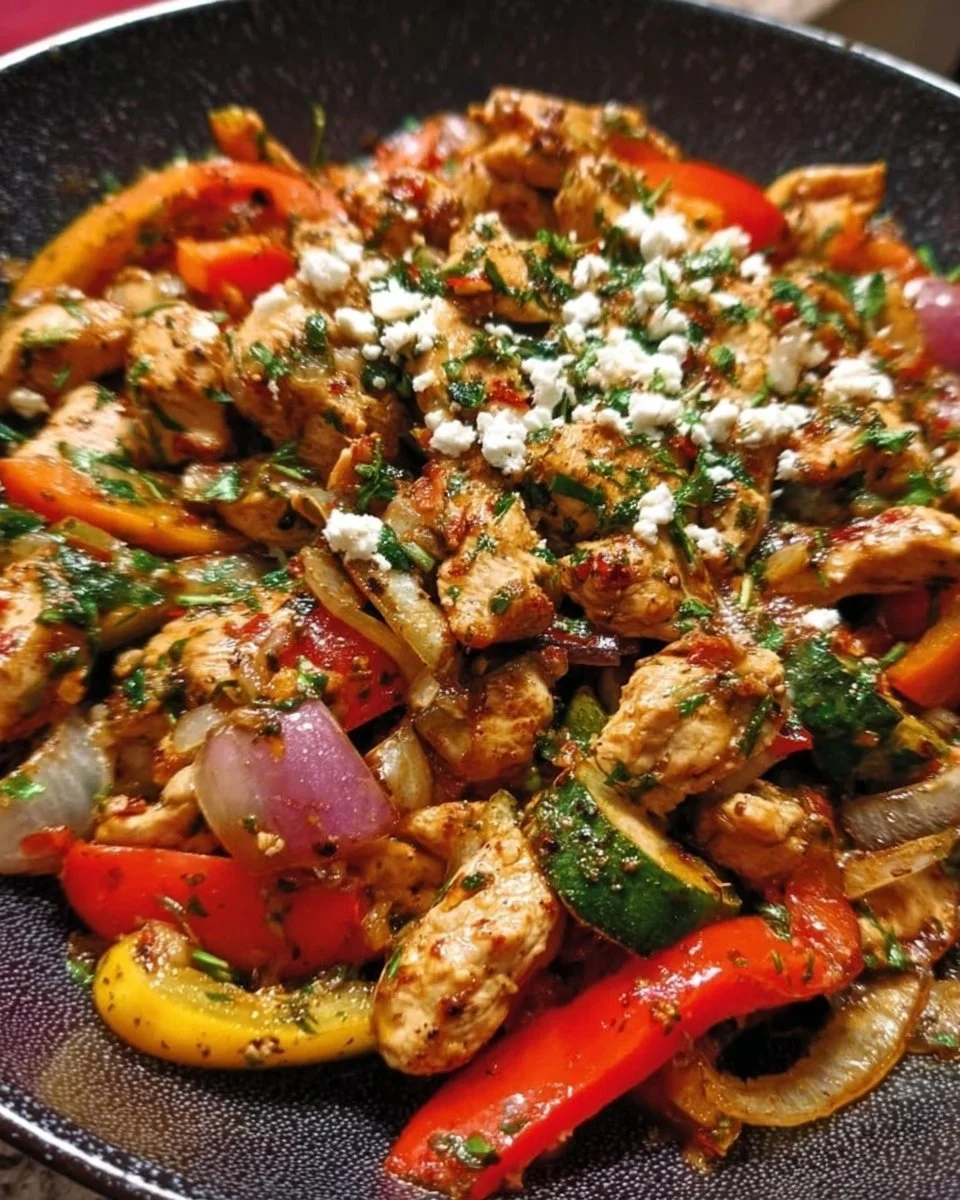 A colorful Mediterranean Chicken Stir Fry with fresh vegetables and herbs served in a bowl.