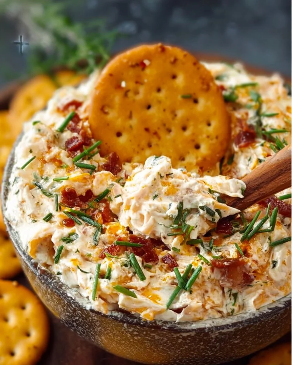 Delicious Million Dollar Dip served in a bowl with garnishes.