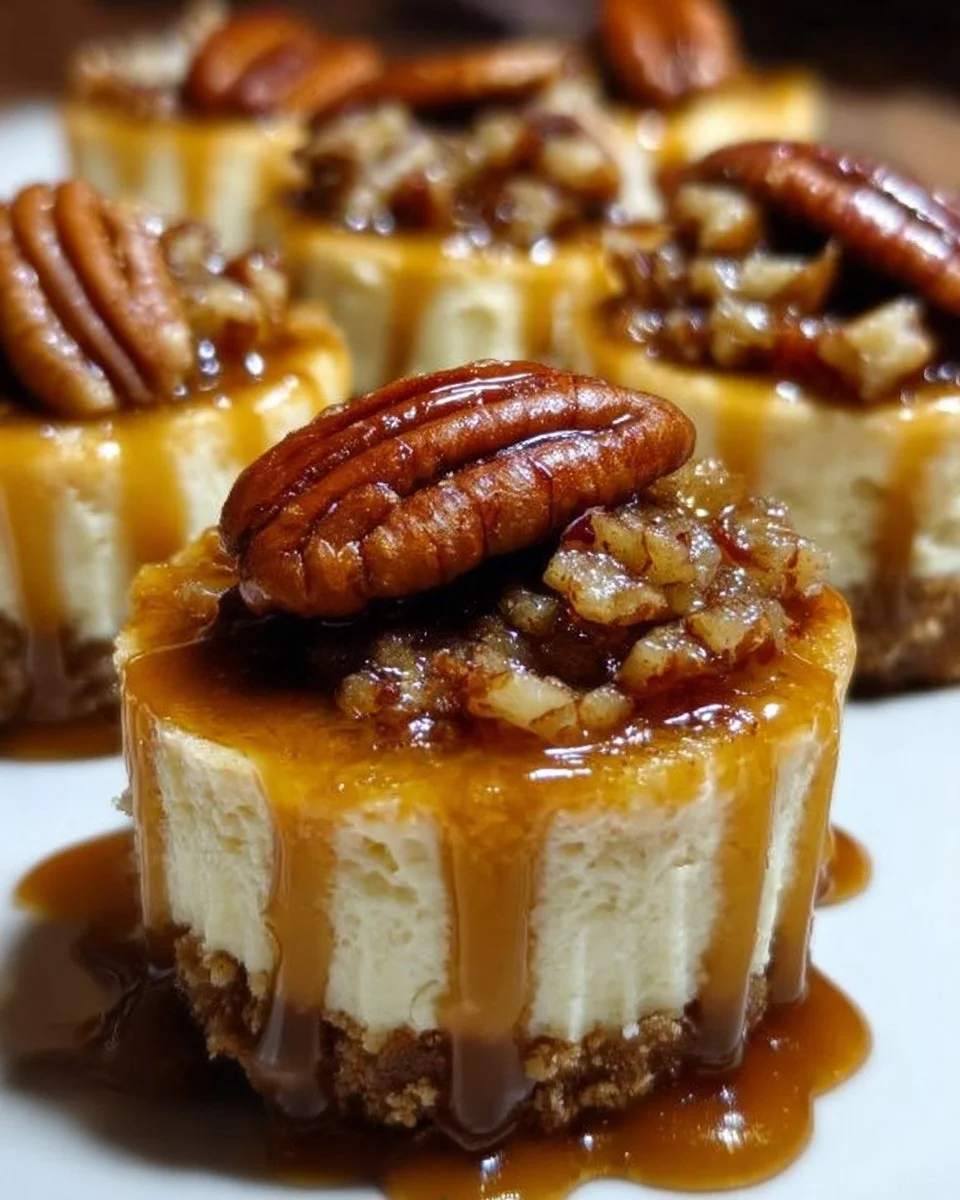Mini Pecan Pie Cheesecakes topped with caramel and pecans
