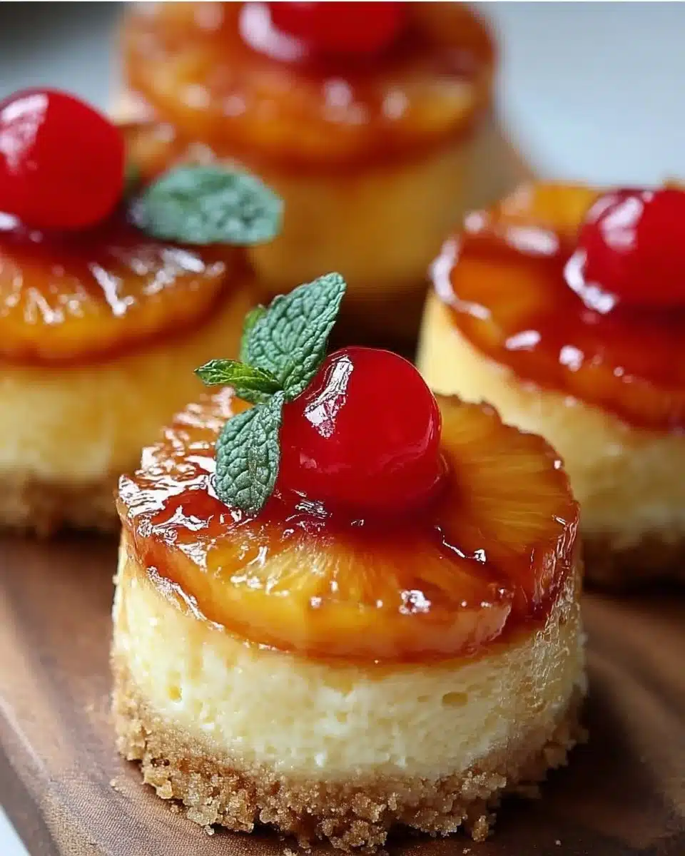Mini Pineapple Upside-Down Cheesecakes with caramelized pineapple topping