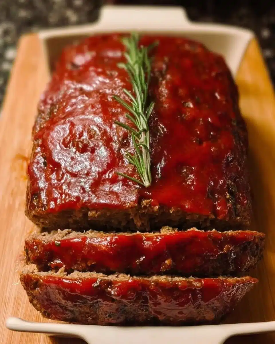 Delicious slice of Mom's Best Meatloaf served on a plate with sides.