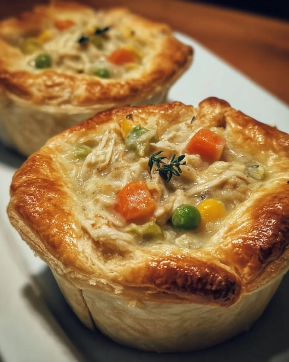 Muffin tin chicken pot pies baked in a muffin tray, golden brown and delicious.