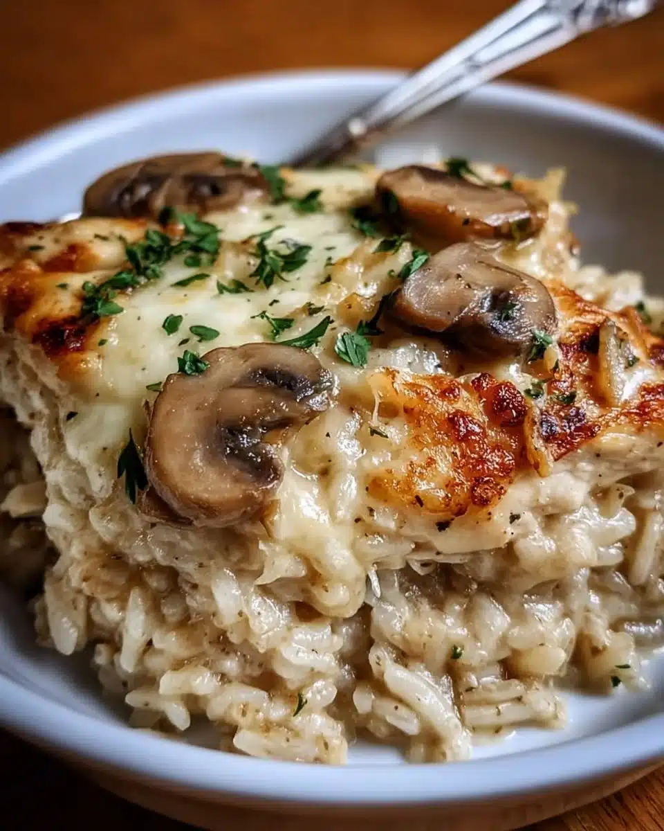 Mushroom Gruyere Chicken and Rice Casserole served in a baking dish