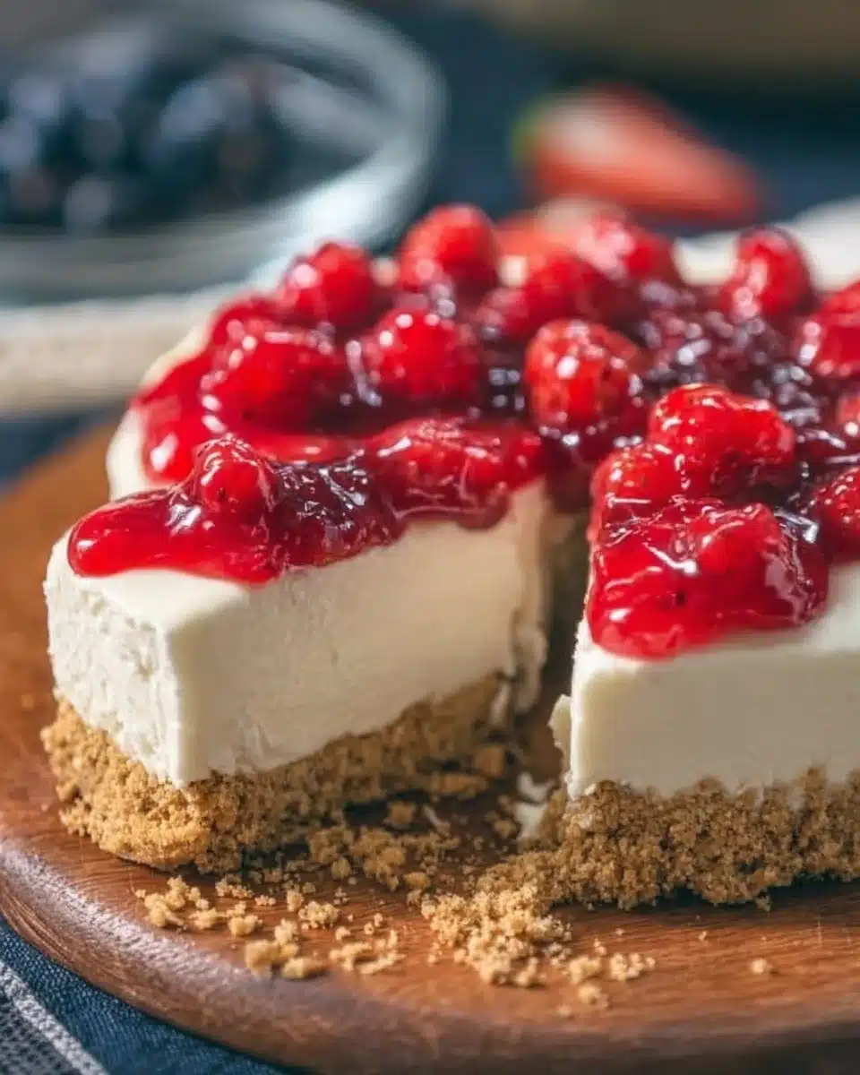 Delicious no-bake cheesecake topped with fresh berries.