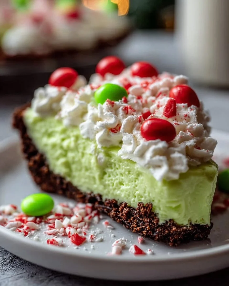 No Bake Grinch Pie topped with green whipped cream and red decorations
