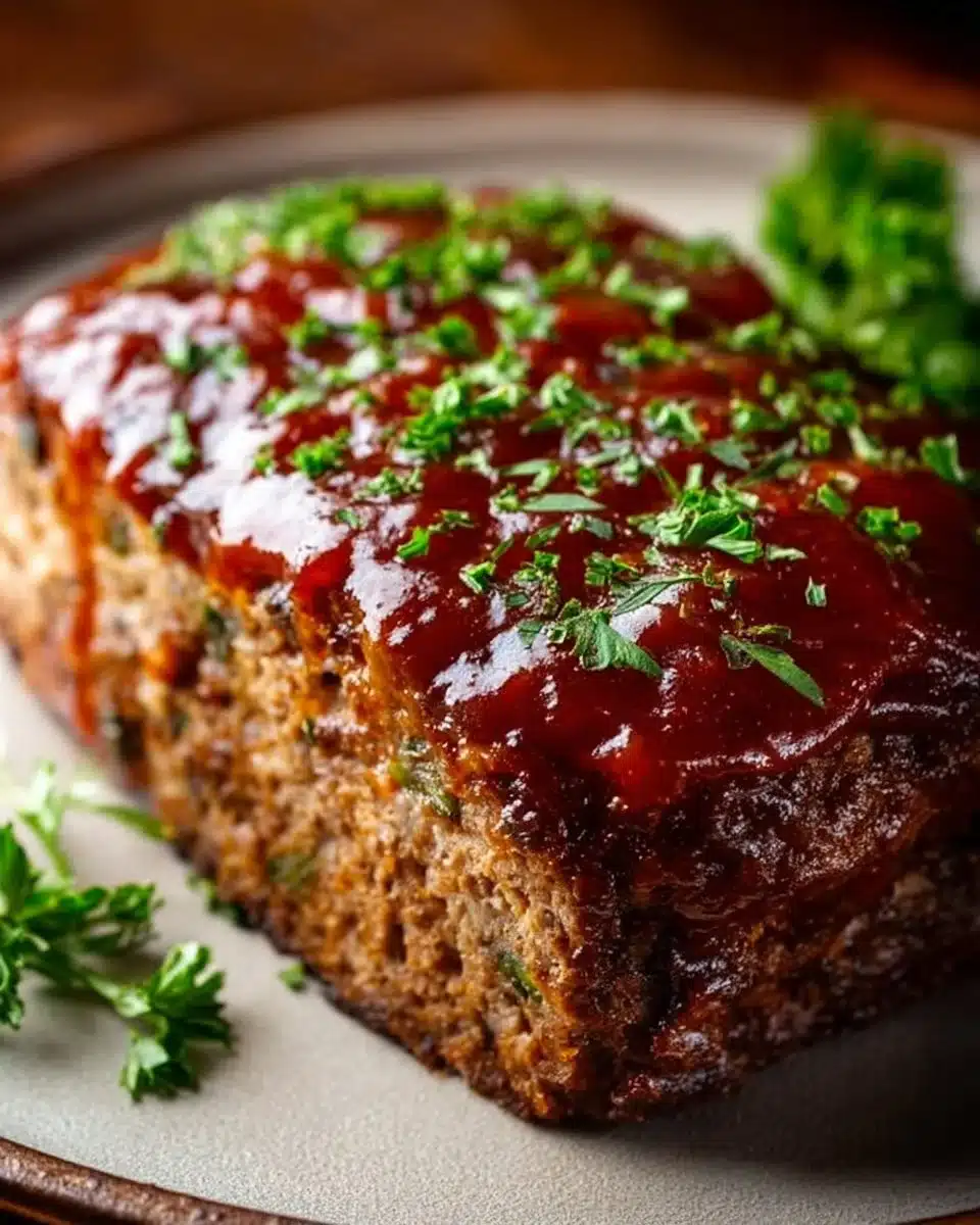 Old Fashioned Momma’s Meatloaf served with mashed potatoes and green beans.