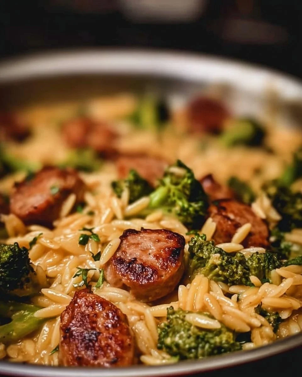 One-Pan Creamy Orzo with Chicken Sausage and Broccoli dish on a plate