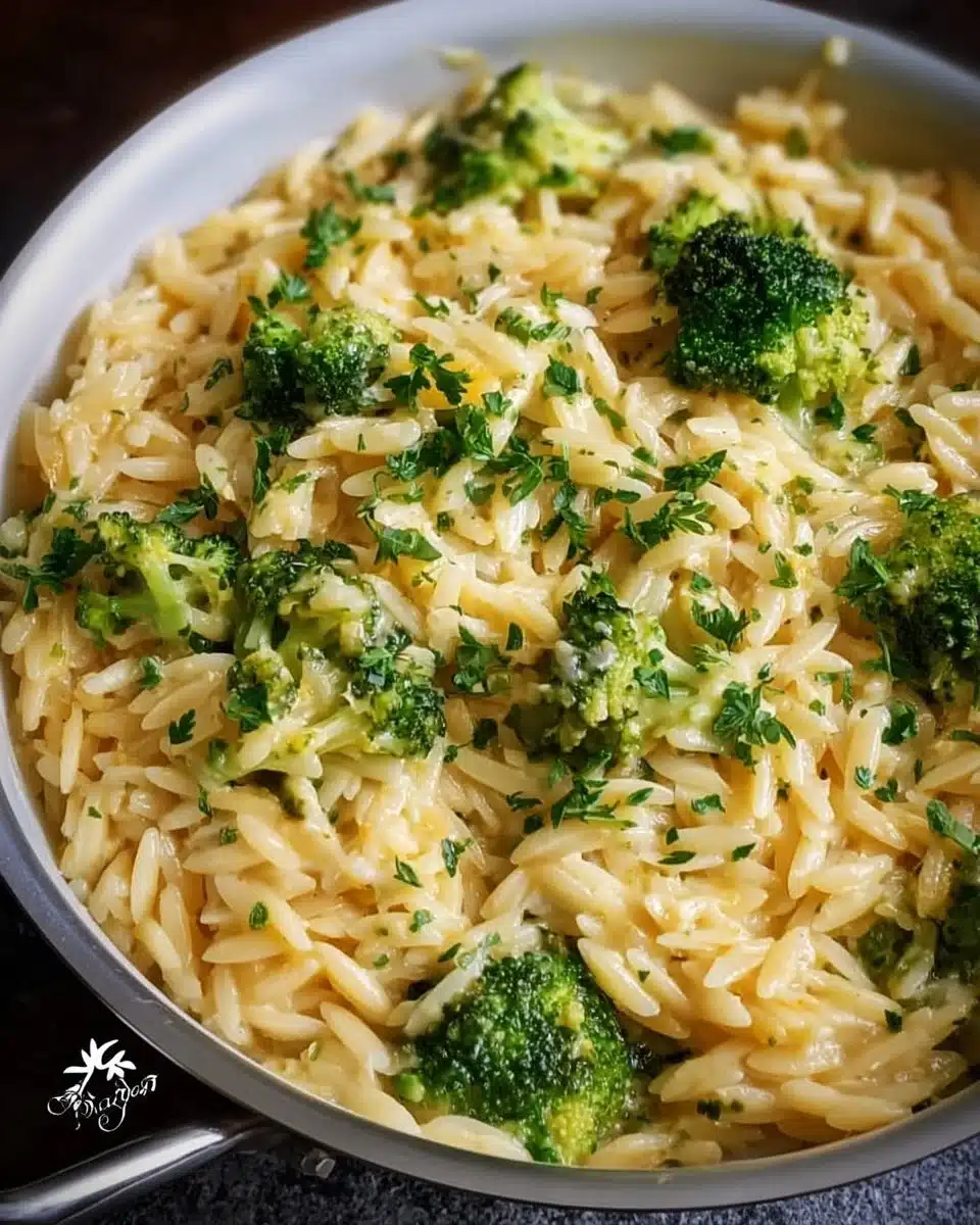 Creamy one pot broccoli cheese orzo dish topped with melted cheese