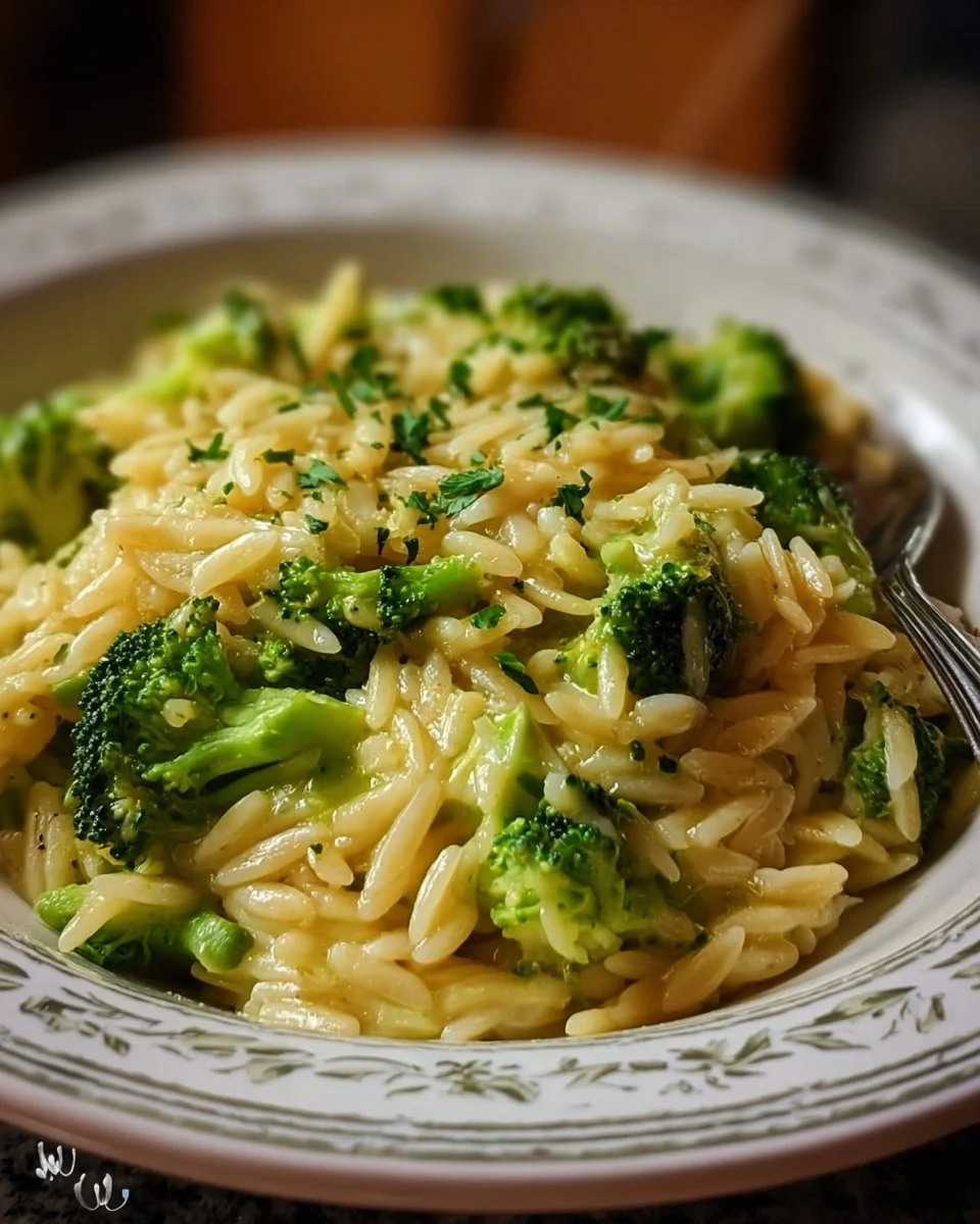 One Pot Broccoli Cheese Orzo dish with creamy cheese and broccoli