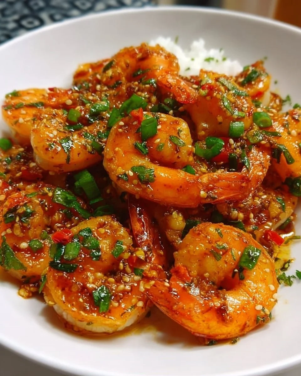 Delicious Orange Chili Garlic Shrimp served on a white plate