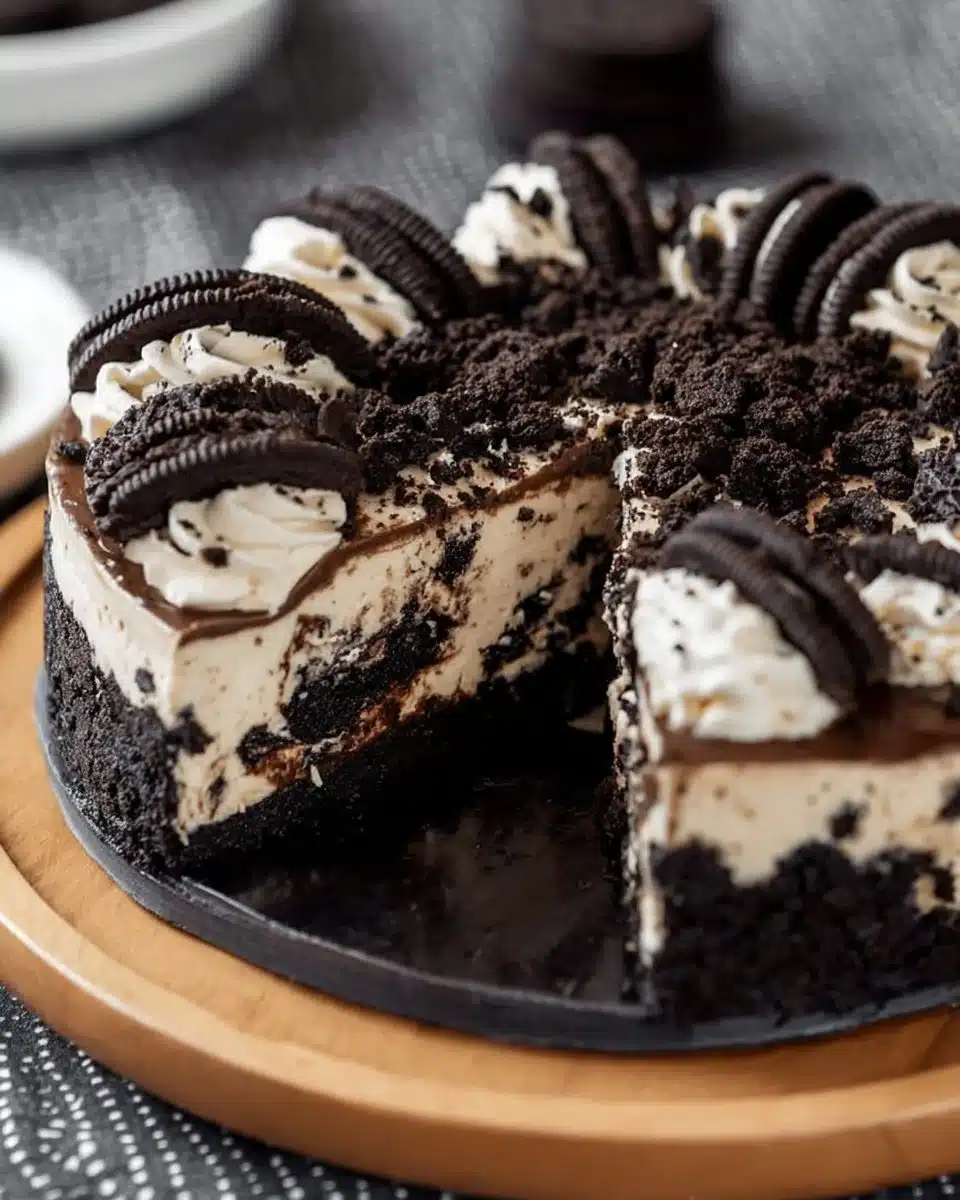 Delicious slice of Oreo Cheesecake topped with crushed Oreos and chocolate drizzle