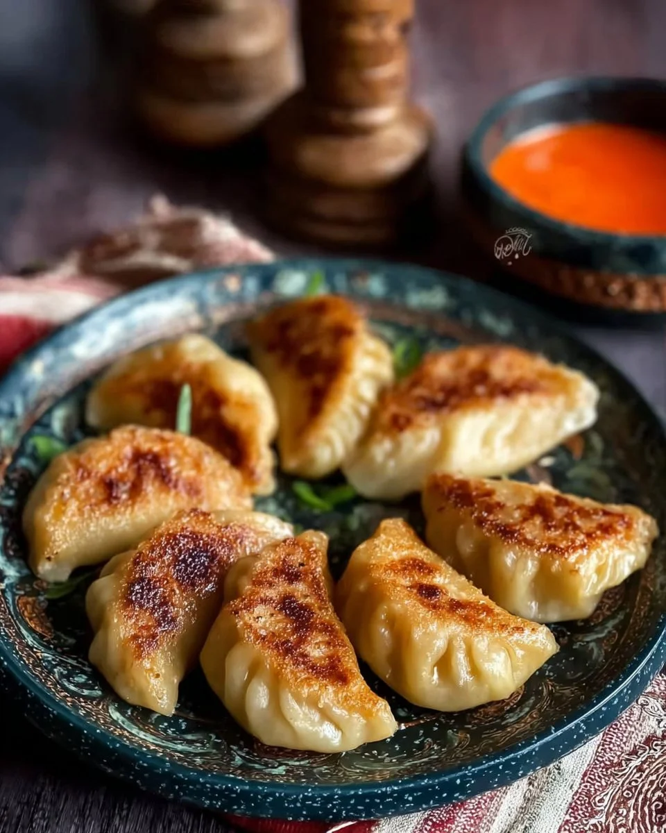 Plate of pan fried vegetable momos served with dipping sauce