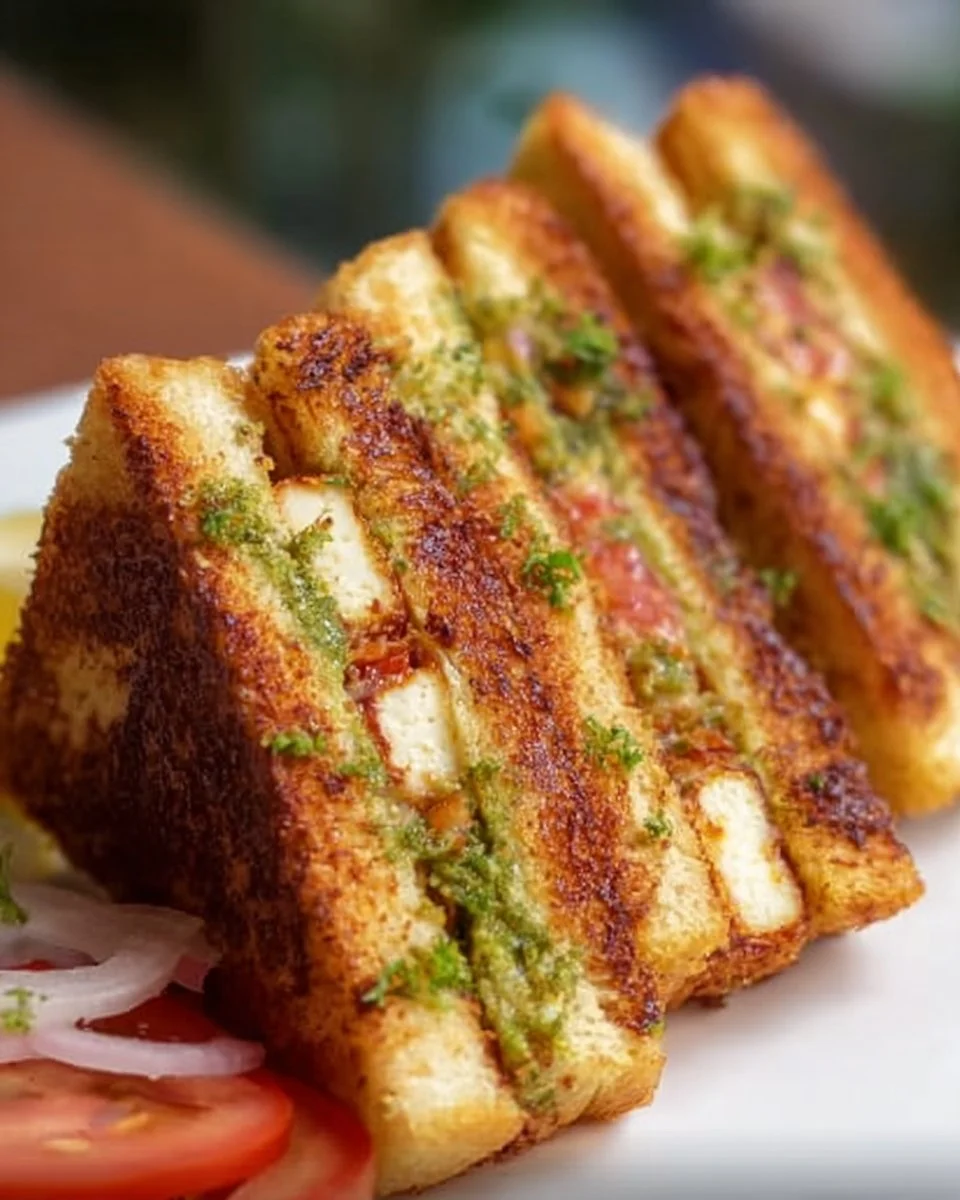 A delicious Paneer Crispy Sandwich garnished with fresh vegetables and spices.
