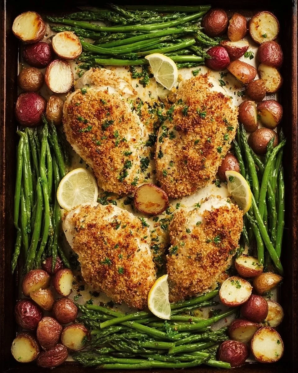 Parmesan Crusted Chicken on a sheet pan with vegetables for a healthy dinner