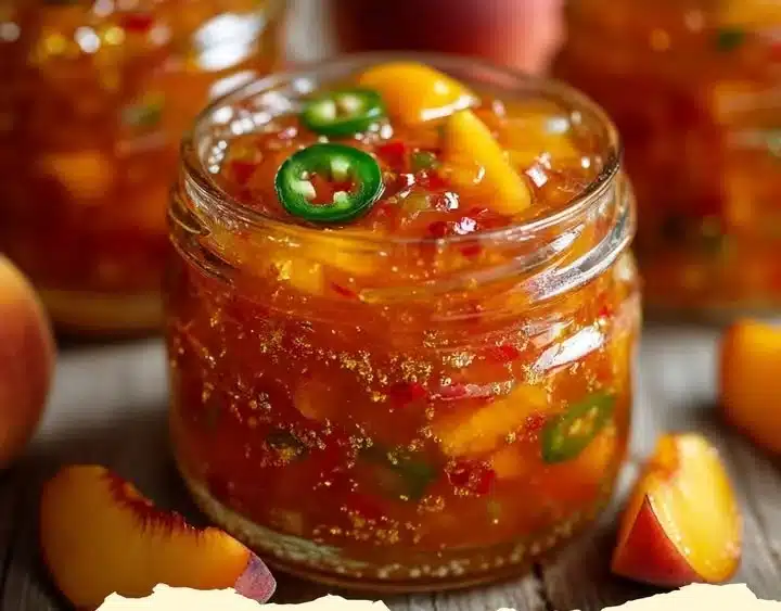 Jar of Peach–Jalapeño Summer Pepper Jam on a wooden table.