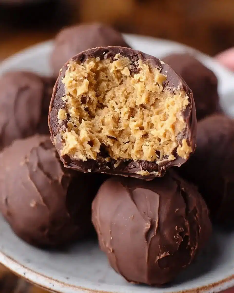 Homemade Peanut Butter Balls coated in chocolate and nuts.